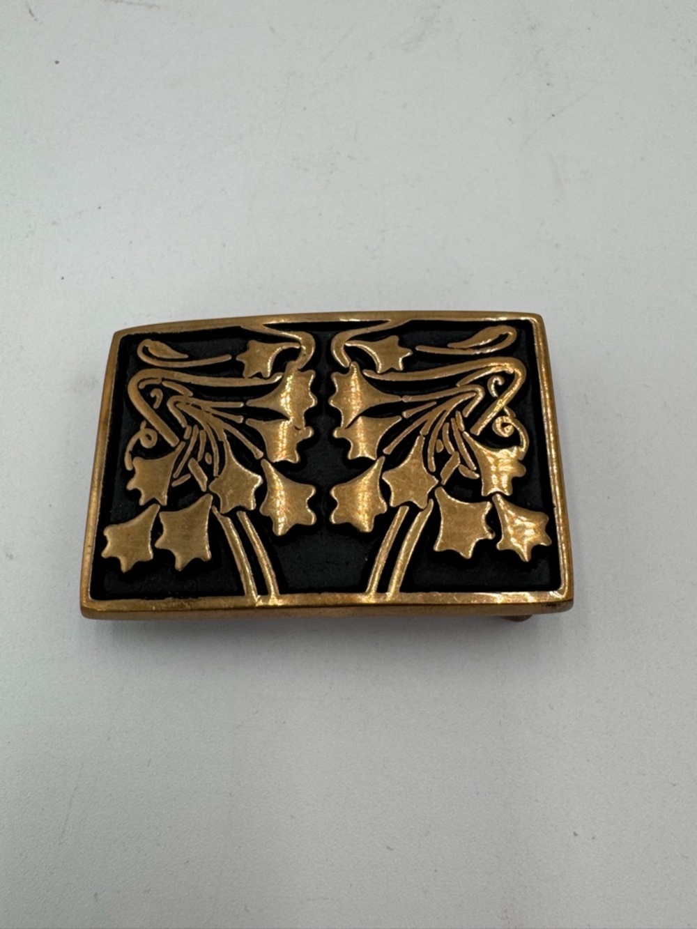 Vintage AIREX Brass Belt Buckle Floral Ivy Design Black Enamel USA
